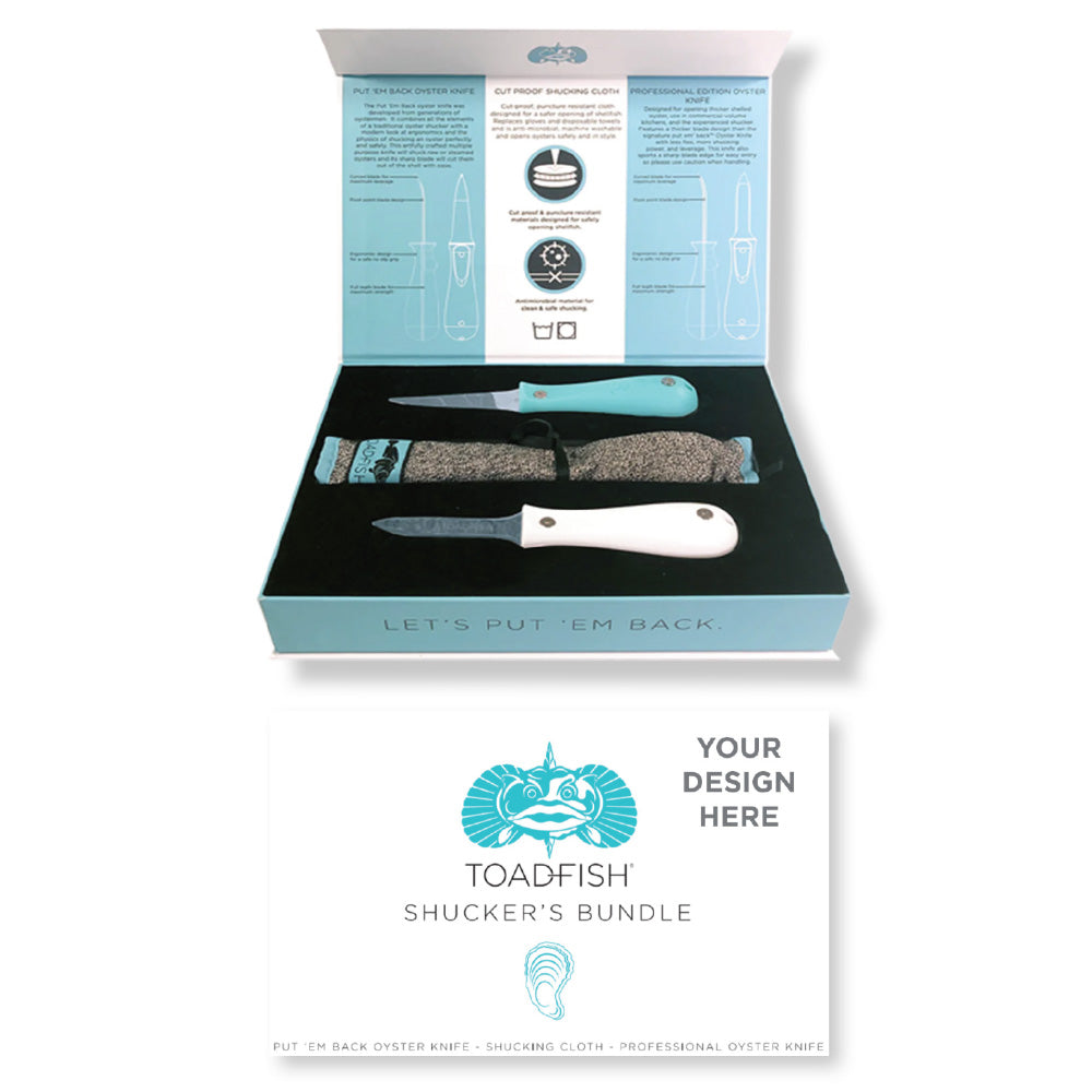 Toadfish Custom Engraved Shucker's Bundle - Teal Put 'Em Back Oyster Knife, Professional Oyster Knife Cut-Proof Shucking Cloth - Knifes Are NOT Engraved (MINIMUM ORDER QUANTITY OF 25)