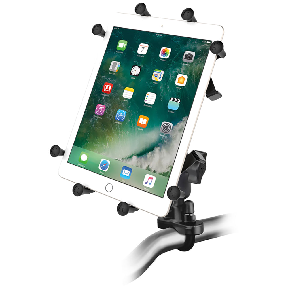 RAM Mount Handlebar Rail Mount w/Zinc Coated U-Bolt Base Universal X-Grip Cradle for 10" Large Tablets