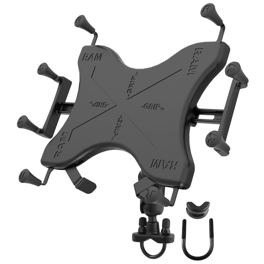 RAM Mount Handlebar Rail Mount w/Zinc Coated U-Bolt Base Universal X-Grip Cradle for 10" Large Tablets