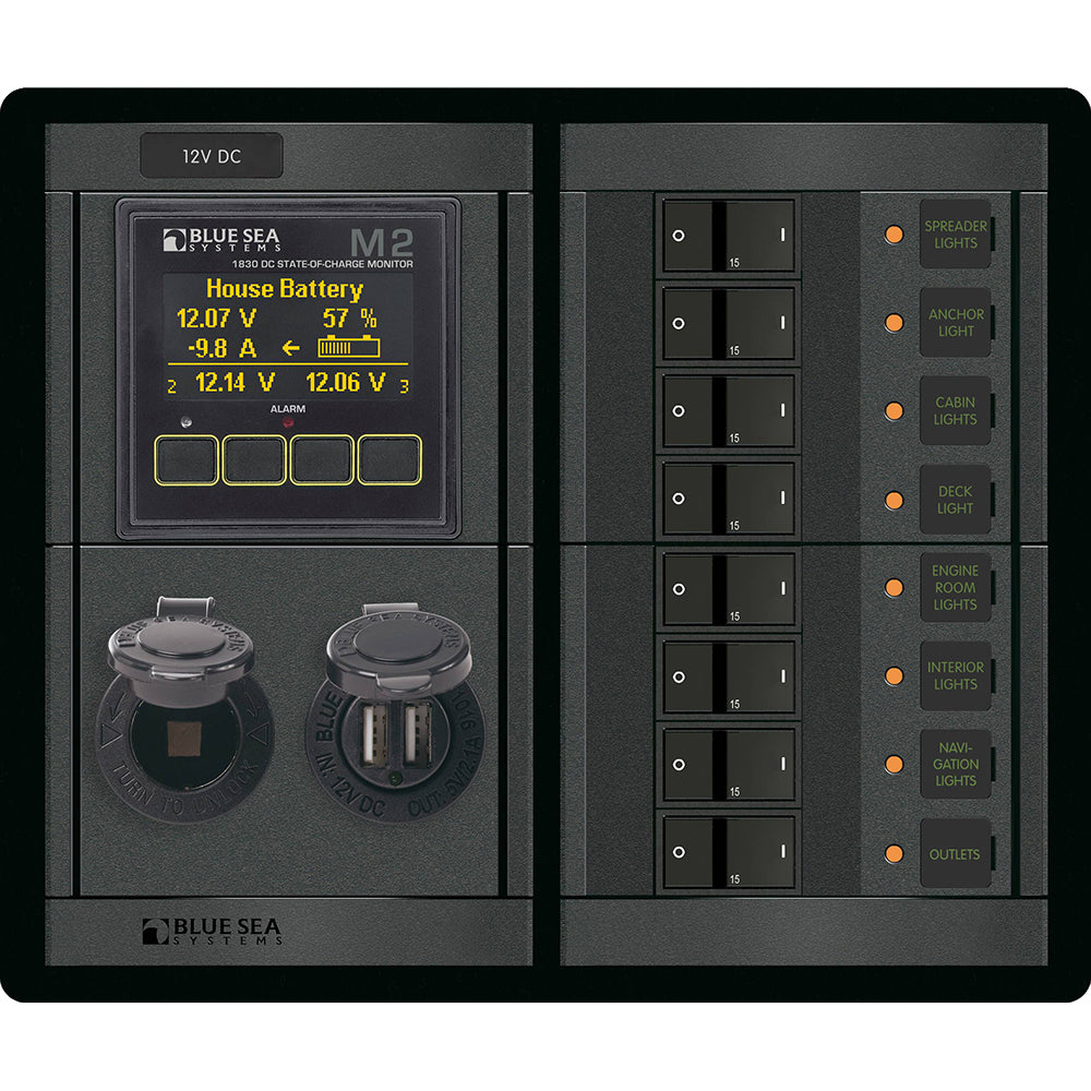 Blue Sea 1497 - 360 Panel - 8 Position 12V Flat Rocker M2 Multimeter w/SOC Dual USB/12V Socket