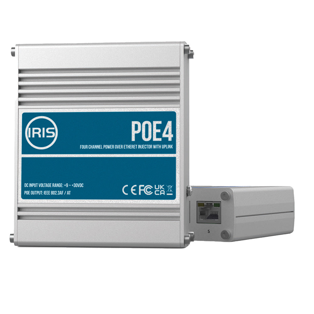 Iris Four Channel Uplink Power Over Ethernet Switch - IEEE802.3af 3at Compliant - 9-30VDC Input - 48VDC Output