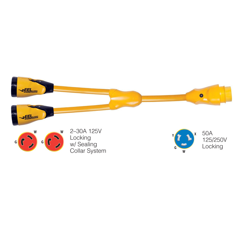 Marinco Y504-2-30 EEL (2)-30A-125V Female to (1)50A-125/250V Male "Y" Adapter - Yellow