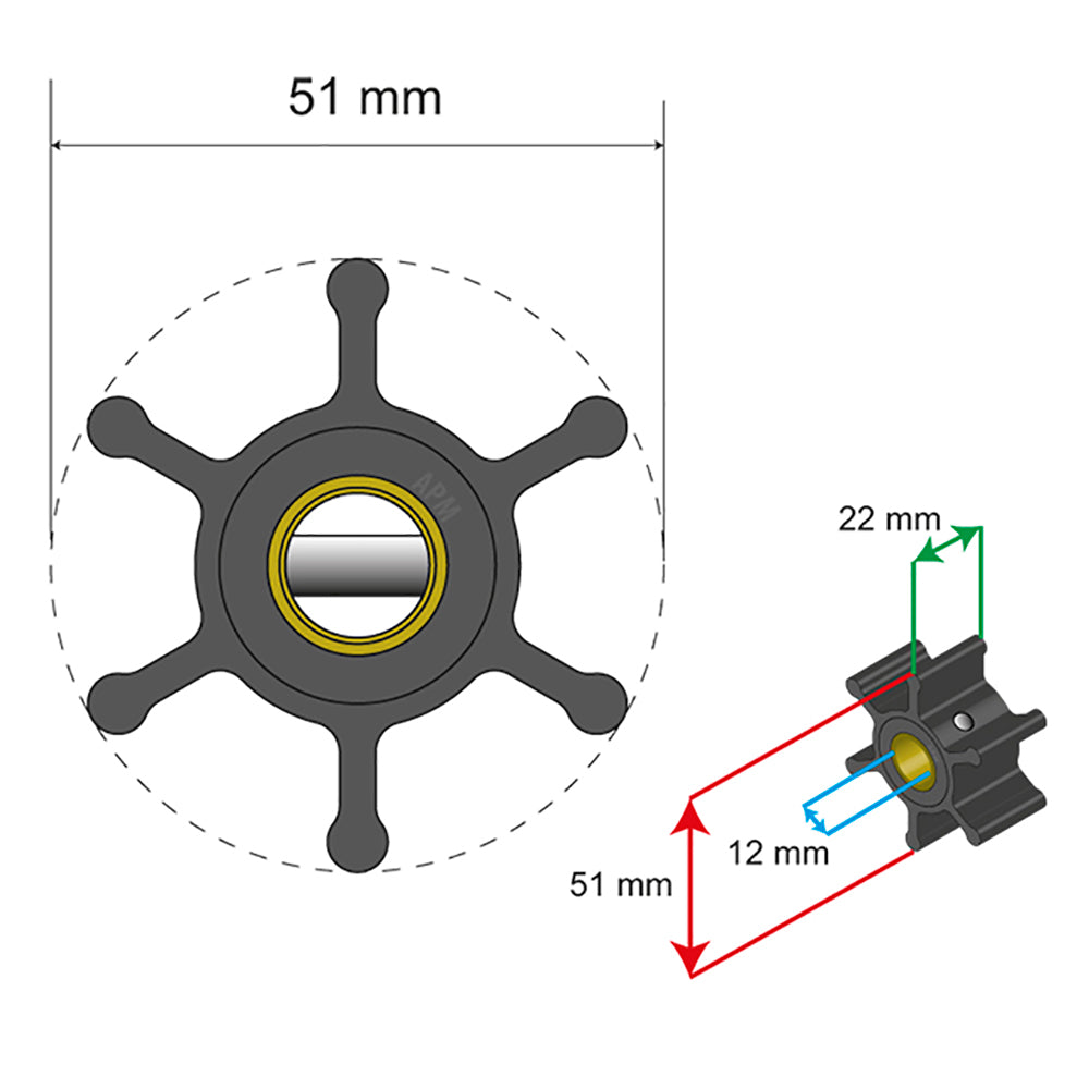 Albin Group Premium Impeller Kit - 51 x 22 x 12mm - 6 Blade - Pin Insert