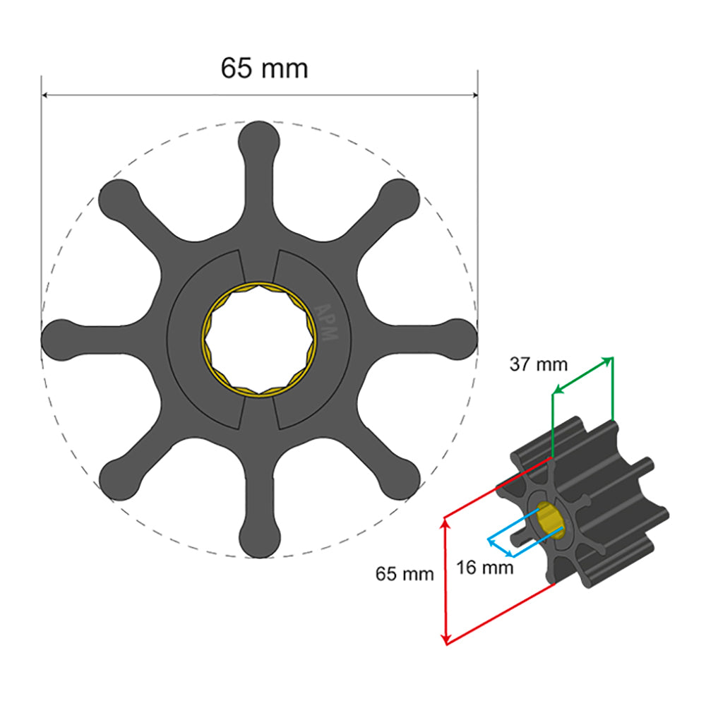 Albin Group Premium Impeller Kit 65 x 16 x 37mm - 8 Blade - Spline Insert