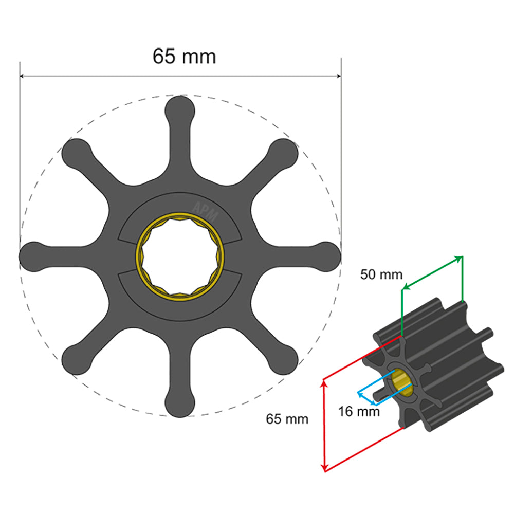 Albin Group Premium Impeller Kit 65 x 16 x 50mm - 8 Blade - Spline Insert