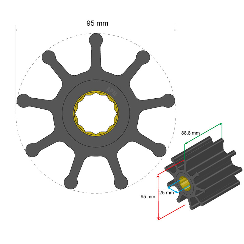 Albin Group Premium Impeller Kit 95 x 25 x 88.8mm - 9 Blade - Spline Insert