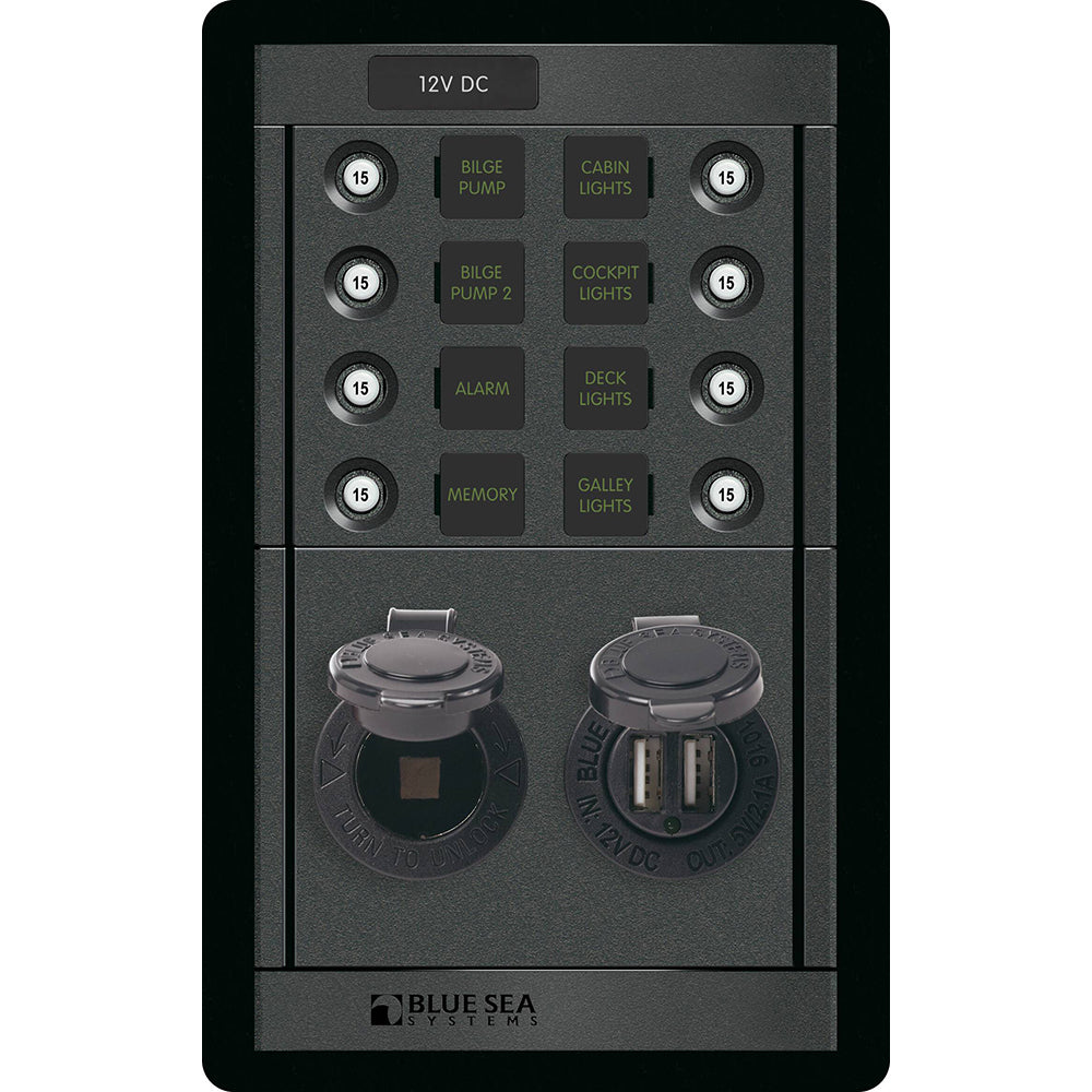 Blue Sea 1498 - 360 Panel - 8 Position 12V Panel w/Dual USB  12V Socket