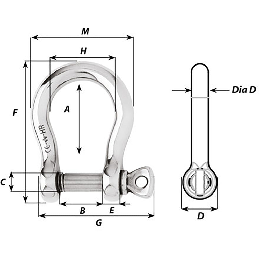 Wichard HR Bow Shackle - 12mm Pin Diameter