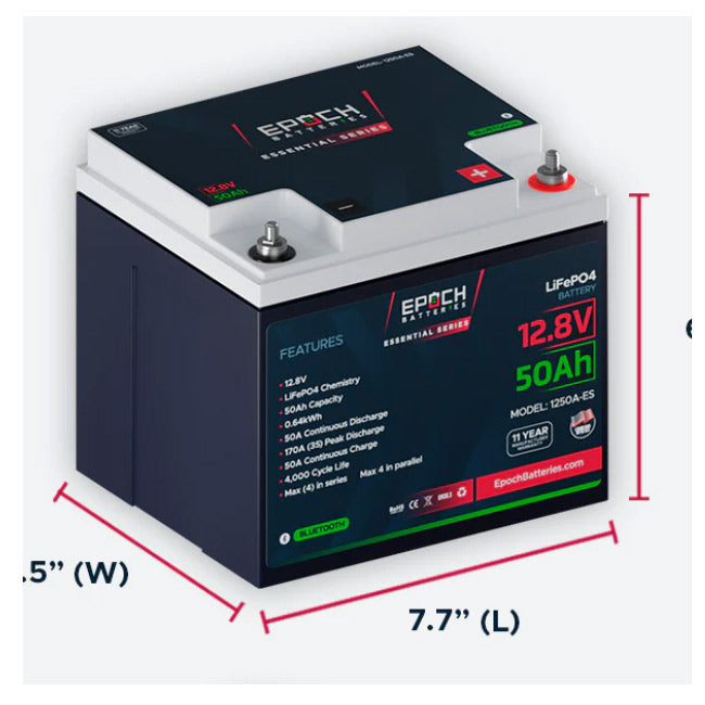 Epoch Batteries 12V 50Ah Essential Series - Heated & Bluetooth LiFePO4 Battery